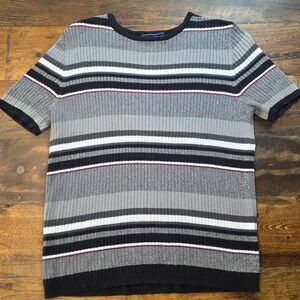 Laura Scott lg‎ Striped Short Sleeve Ribbed Knit Top Gray Black y2k